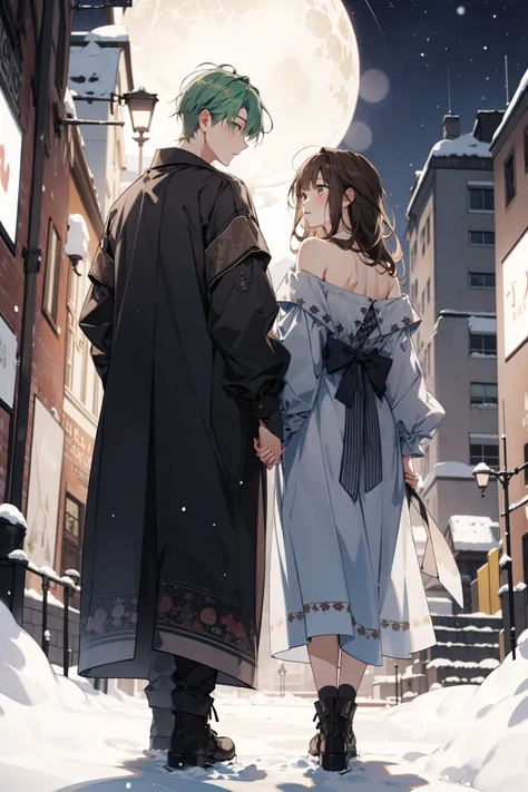 (absurdres, highres, ultra detailed), masterpiece, best quality, (2others:1.4), 1boy with 1girl, full body, mature, Height difference, different fashion, different color, finely detailed eyes and detailed face, complex background, intricate details, complex background, outdoor, snow, winter, night, starry sky, modern urban style, gown, open shirt, show collarbone , Laser_tag_arena, depth of field, from back, green hair, brown hair