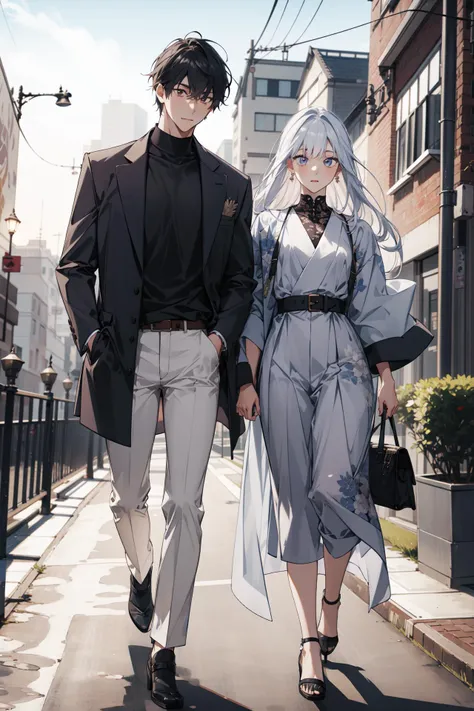 (absurdres, highres, ultra detailed), masterpiece, best quality, 2others, 1boy with 1girl, full body, mature, Height difference, different fashion, different color, finely detailed eyes and detailed face, complex background, intricate details, complex background, outdoor, spring, garden, sunset, sunlight, modern urban style, white suit , Sushi-making_class,