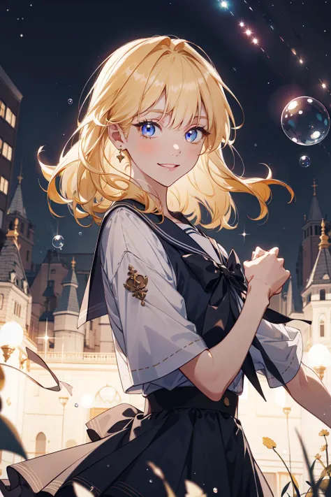 (absurdres, highres, ultra detailed, masterpiece, best quality), cowboy shot, dutch angle, finely detailed eyes and detailed face, intricate details, complex background, cinematic lighting, 1girl, solo, textured hair, yellow hair, odd eye, Sailor uniform, starry night sky, flying, dancing, aerial walks, shining shadows, fantastic, dreamy, bokeh, colorful bubbles, glass fragment, water drops, glitter, sparkle, twinkle, prism, smile