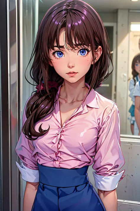 tantei1_ayumi, blue eyes, brown hair, long hair, bangs, single braid, hair over shoulder, hair scrunchie,
(translucent tight shirt:1.3), pony tail, hair ribbon, thigh gap, looking at viewer, cleavage, midriff, arms behind back
<lora:tantei1_ayumi_lora_ver1:0.7>