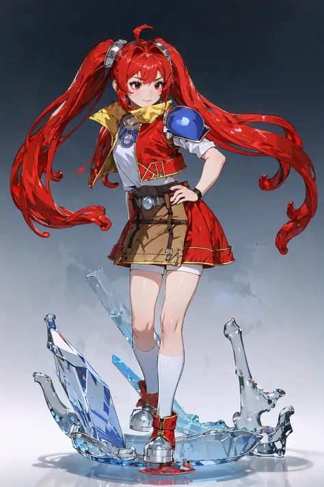 fcEstelle, red jacket, blue shoulder pad, white shirt, red skirt, short shorts, <lora:Char_OC_EstelleBright:1>, crystallthings, glass figurine, crystal, <lora:Looks_CrystalGlass:1>