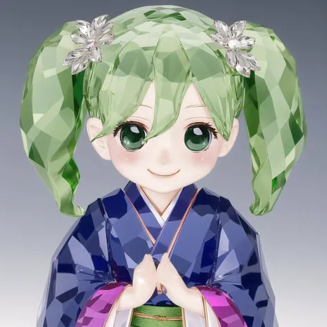 <lora:crystallthings:1.0>, crystallthings, glass figurine, crystal,green eyes, green hair, japanese clothes, kimono, light smile, obi, simple background, smile, solo, twintails