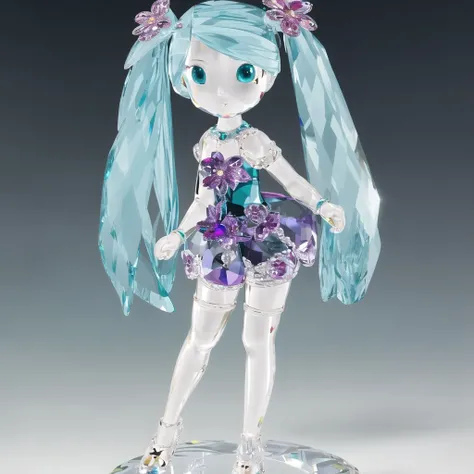 <lora:crystallthings:1.0>, crystallthings, glass figurine, crystal,aqua eyes, aqua hair, dress, flower, highres, legs, open fly, pigeon-toed, reflection, short shorts, shorts, solo, twintails, unzipped
