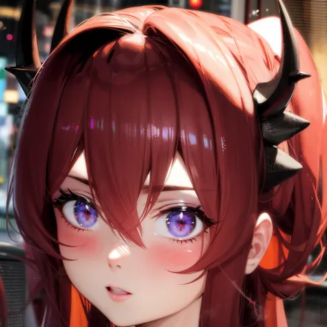 masterpiece, 1girl, night, rain, <lora:ArknightsSurtr_3In1:0.8>, looking at viewer, beautiful eyes, 3d face, lustrous skin, origen, close-up, straight on, face focus,