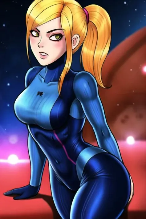 masterpiece, high quality, extremely detailed, 1girl, mature female, solo, Yoko Littner dressed up as Zero Suit Samus, large breasts, hair between eyes, hair ornament, high ponytail, long hair, red hair, sidelocks, skull hair ornament, zero suit, blue gloves, thrilled expression on face, open mouth, standing, action pose, dynamic pose, upper body, outer space, space environment