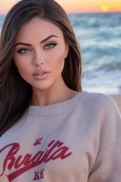 closeup headshot of S156_RubySophiaBlake, an attractive woman, on a (beach:1.1), wearing a (crewneck-sweatshirt:1.2), (sunset:1.1), (8k, RAW photo, best quality, depth of field, ultra high res:1.2), (absurdres, intricate, photorealistic, masterpiece, ultra-detailed:1.3)