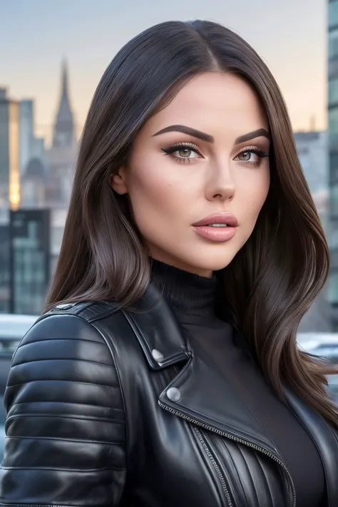 a photo of S097_DianaBabyna, a beautiful woman, in a (subway), wearing a (leather-jacket:1.1), (8k, RAW photo, best quality, depth of field, ultra high res:1.2), (absurdres, intricate, photorealistic, masterpiece, ultra-detailed, Unreal Engine:1.3)