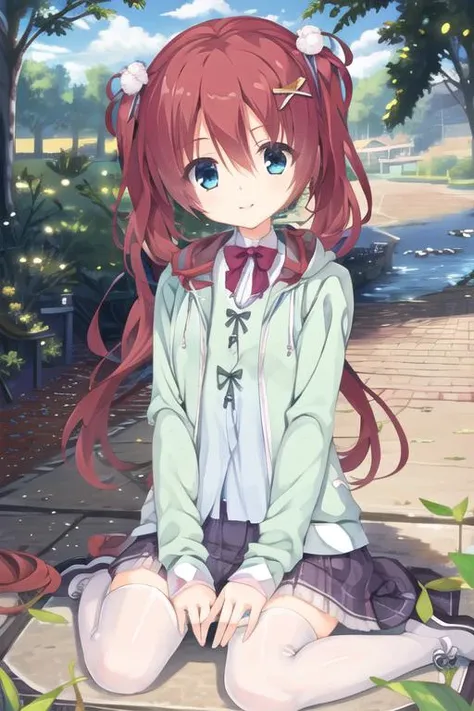 masterpiece, best quality, ultra detail,(1girl), <lora:Mibu Chisaki:0.8>,fuku1,twintails,green clothes,river,leaves,((wariza))