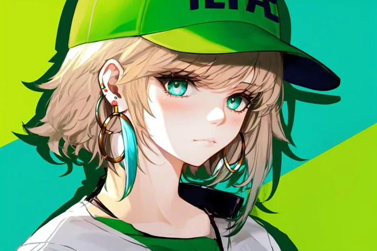 skistyle, kaya izumi, masterpiece, best quality, 1girl, blush, aqua eyes, baseball cap, blonde hair, closed mouth, earrings, green background, hat, hoop earrings, jewelry, looking at viewer, shirt, short hair, simple background, solo, upper body, yellow shirt