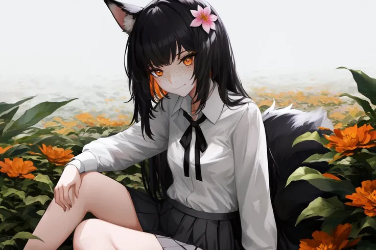 skistyle, 1girl, small cute red nose, animal_ears, artist_name, bangs, some freckles, black_hair, black_skirt, blue_ribbon, smiling, solo, looking at viewer, collared_shirt, flower, fox_ears, grey_flower, hair_flower, hair_ornament, highres, league_of_legends, long_hair, looking_at_viewer, neck_ribbon, orange_eyes, pleated_skirt, ribbon, shirt, sitting, skirt, solo, white_shirt, shy