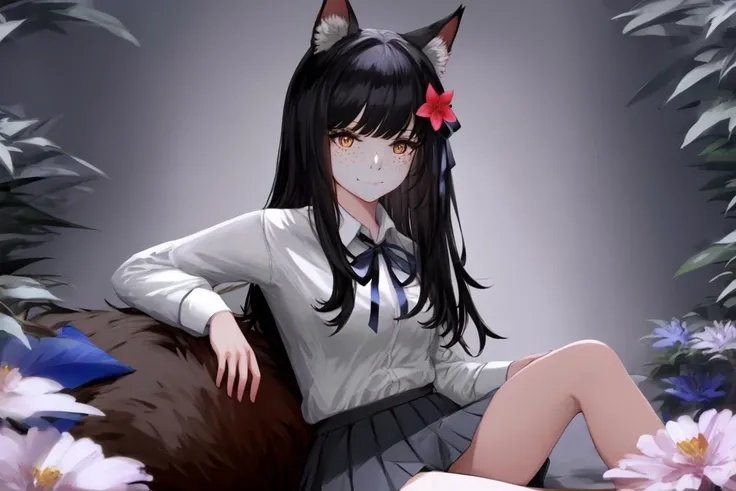 skistyle, 1girl, small cute red nose, animal_ears, artist_name, bangs, some freckles, black_hair, black_skirt, blue_ribbon, smiling, solo, looking at viewer, collared_shirt, flower, fox_ears, grey_flower, hair_flower, hair_ornament, highres, league_of_legends, long_hair, looking_at_viewer, neck_ribbon, orange_eyes, pleated_skirt, ribbon, shirt, sitting, skirt, solo, white_shirt, shy
