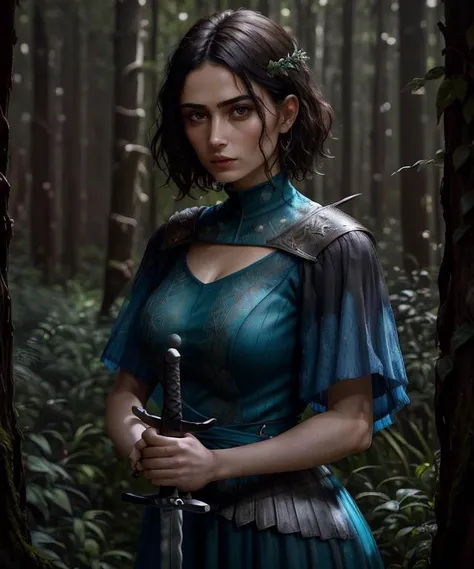 <lora:flamberge-18:1> , flamberge sword in hand, in a forest, (realistic styled by karol bak : 1.4). italian ethnicity woman, blue dress, medium closeup. sharp focus, masterpiece, (RAW photo, fashion: 1.3), intricate and detailed.