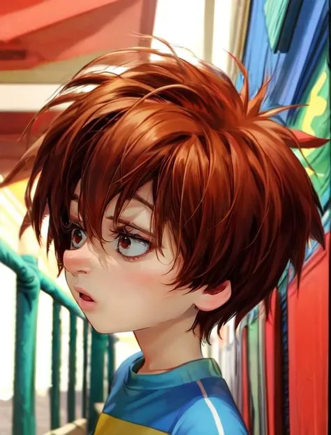 best quality, masterpiece, highres, detailed, western comics \(style\), <lora:Detail - add_detail:0.2>, HenryH, messy hair, brown hair, black eyes, 1boy, male child, red nose, yellow and blue striped shirt, <lora:HenryH-10:1.5>