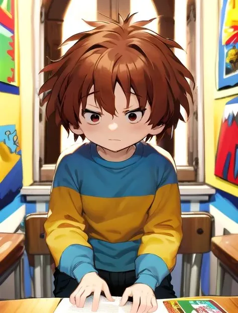best quality, masterpiece, highres, detailed, western comics \(style\), <lora:Detail - add_detail:0.2>, HenryH, messy hair, brown hair, black eyes, 1boy, male child, red nose, yellow and blue striped shirt, <lora:HenryH-10:1.5>