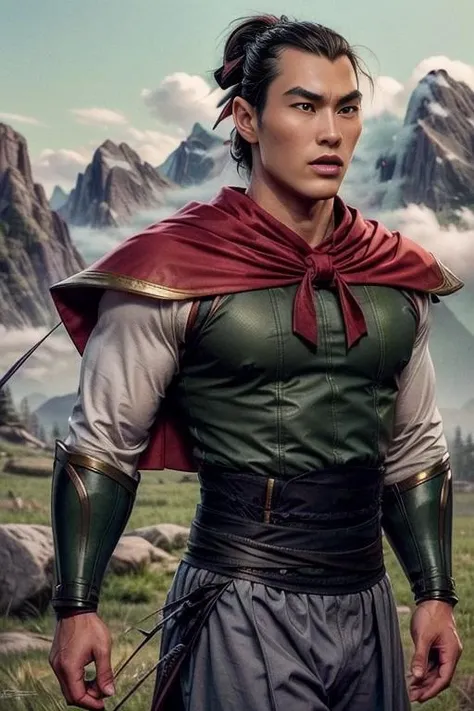 li_shang, upper body focus, cape, long sleeves, armor, serious look, muscular, mountain background, grass field, close up, <lora:li_shang-30:0.65>, <lora:add_detail:1>