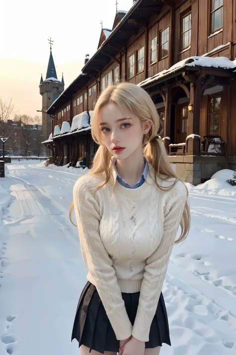 <lora:CyberBeautyV30:0.6>, 1girl, blonde hair, blue eyes, realistic,photorealistic, cowboy shot, close-up, low twintails, high collar sweater, short pleated skirt, bare legs, looking at viewer,standing, upper body, outdoors,snow, snow shelter, winter, european town, european style houses, (castle), noon, streets, sunshine,