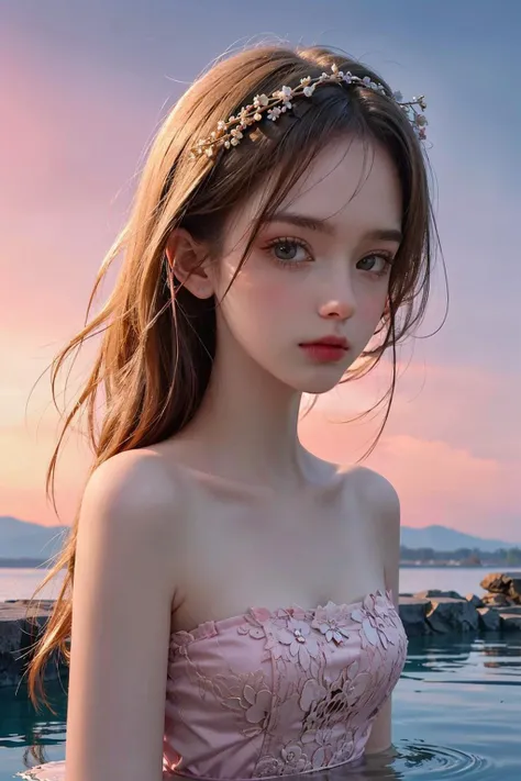 portrait photography,closeup,a young girl bathes in the hot springs of a palace in the sky,wearing a light gauze dress,outside is a pale pink sky,full of dreams,pale clouds floated around,incredible,the palace was lavish and beautiful,extremely detailed realistic fantasy,cowboy shot,narrow waist,twigs,
<lora:CyberBeautyV30:0.6>,