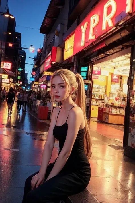 (best quality),extremely detailed CG unity 8k wallpaper,ultra-detailed,physically-based rendering,highly detailed background,extremely detailed face,photo-realistic,realistic,ultra high res,masterpiece,perfect lighting,1girl,sit at the entrance of the store ,twintail,Bustling streets,Billboard,neon lights,night, <lora:CyberBeautyV30:0.5> <lora:lightAndShadow_v10:0.3>