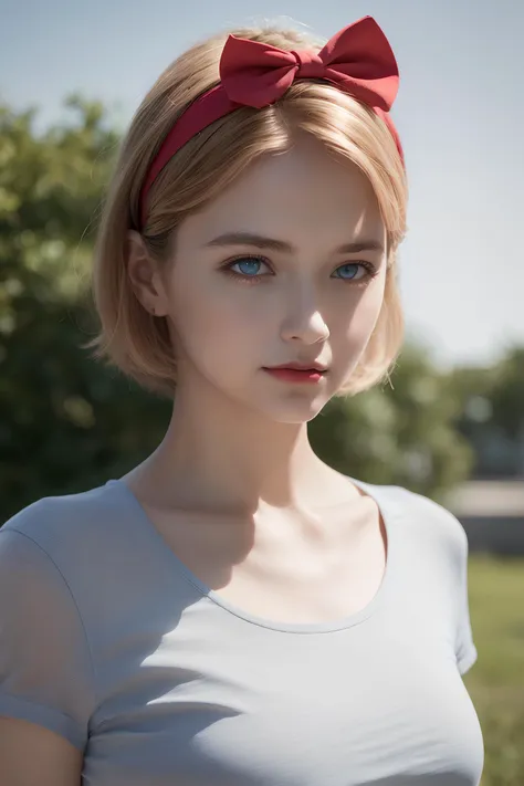 <lora:Euro-AmericanDollLikeness_V20:0.6>,1 girl,(1 18-year-old girl),(upper body),(realistic:1.7),((best quality)),absurdres,(ultra high res),(photorealistic:1.6),photorealistic,octane render,(hyperrealistic:1.2), (photorealistic face:1.2), (8k), (4k), (Masterpiece),(realistic skin texture), (illustration, cinematic lighting,wallpaper),( beautiful eyes:1.2),((((perfect face)))),(cute),(smile:0.9),(standing),golden hair,(short hair),(bow hairband),blue eyes,(red lips:1.1),(white t-shirt:1.1),(denim shorts:1.1),outdoors,
