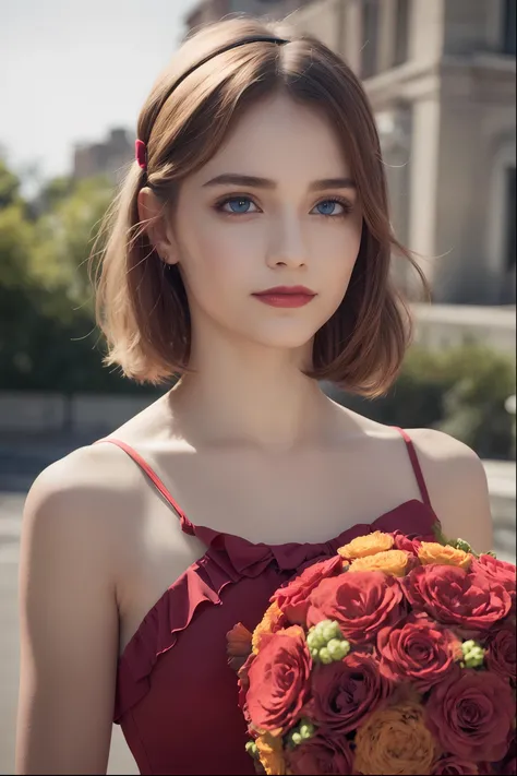 <lora:CyberBeautyV10:0.55>,1 girl,(upper body),(realistic:1.7),((best quality)),absurdres,(ultra high res),(photorealistic:1.6),photorealistic,octane render,(hyperrealistic:1.2), (photorealistic face:1.2), (8k), (4k), (Masterpiece),(realistic skin texture), (illustration, cinematic lighting,wallpaper),( beautiful eyes:1.2),((((perfect face)))),(cute),(standing),(seductive smile),golden hair,(short hair),(bow hairband),blue eyes,(red lips:1.1),(puffy frilled dress:1.3),(holding bouquet:1.2),outdoors,