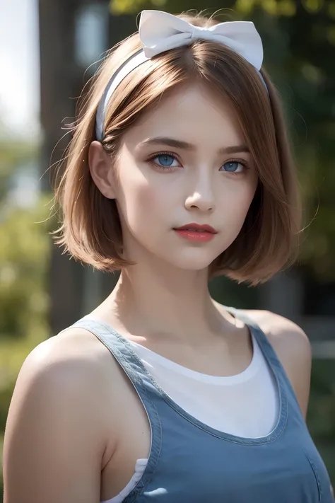 <lora:Euro-AmericanDollLikeness_V20:0.6>,1 girl,(1 18-year-old girl),(upper body),(realistic:1.7),((best quality)),absurdres,(ultra high res),(photorealistic:1.6),photorealistic,octane render,(hyperrealistic:1.2), (photorealistic face:1.2), (8k), (4k), (Masterpiece),(realistic skin texture), (illustration, cinematic lighting,wallpaper),( beautiful eyes:1.2),((((perfect face)))),(cute),(smile:0.9),(standing),golden hair,(short hair),(bow hairband),blue eyes,(red lips:1.1),(white t-shirt:1.1),(denim shorts:1.1),outdoors,