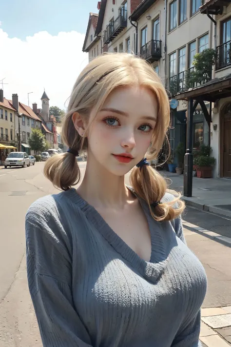 (nsfw),<lora:CyberBeautyV30:0.6>, 1girl, blonde hair, blue eyes, realistic,photorealistic, cowboy shot, close-up, low twintails,low-cut sweater, gigantic breasts, looking at viewer,(smile:0.5),standing, upper body, outdoors, european town, european style houses, (castle), noon, streets, sunshine