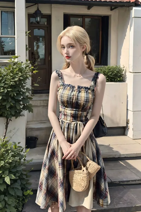 <lora:CyberBeautyV30:0.7>, <lora:Beautiful_Dress:0.55>,(red/yellow/blue/green/black/purple plaid dress),1girl, blonde hair, blue eyes, realistic,photorealistic, cowboy shot, low twintails, looking at viewer,standing, upper body, outdoors, european town, european style houses, (castle), noon, streets, sunshine,