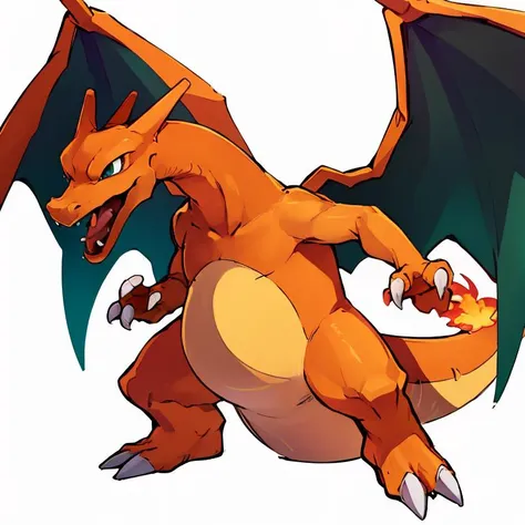 ((masterpiece,best quality)), absurdres, <lora:Charizard_v2:0.8>, Charizard, no humans, Charizard, claws, creatures (company), orange skin, fangs, fire, fire, flame-tipped tail, full body, game freak, gen 1 pokemon, green eyes, looking to the side, nintendo, no humans, open mouth, pokemon, pokemon (creature), simple background, solo, standing, tongue, white background