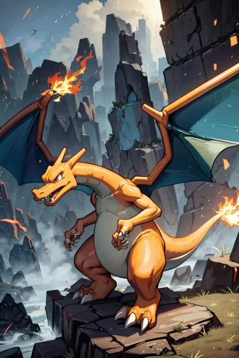 solo, <lora:Charizard_Pokemon:0.8>, Charizard_Pokemon, two wings, dragon, grass, rocks, <lora:add_detail:0.7>,