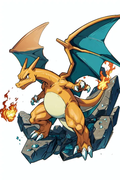 solo, <lora:Charizard_Pokemon:0.8>, Charizard_Pokemon, two wings, dragon, grass, rocks, <lora:add_detail:0.7>, fire, <lora:tachi-e:1>, white background, full body,