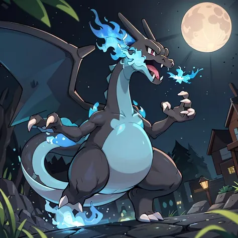 ((masterpiece,best quality)), absurdres,
award winning photo,
Mega_Charizard_X_Pokemon, (black skin, blue fire), flame-tipped tail, two wings,
3d, night, depth_of_field, jumping, motion_blur, no_humans, outdoors, pokemon_\(creature\),  night, crescent moon, stars,  <lora:Charizard_Pokemon:0.8>