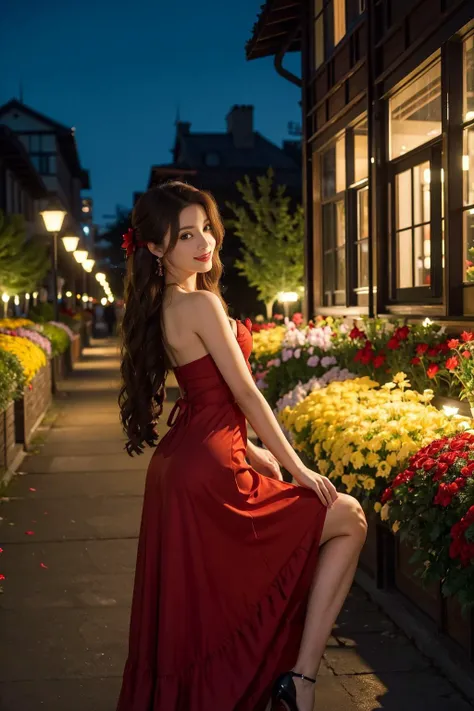 masterpiece, best quality, highres, HDR, ultra-detailed, highres, extremely detailed CG unity 8k wallpaper, perfect artwork, perfect female figure, 1girl, age 22, aerith gainsborough,very long hair, hair ribbons, hair flowers, strapless red dress, high heels, looking at viewer, sexy pose, skirt lift up, light smile, midnight town, flower garden,<lora:aerith-nvwls-v1:0.6>