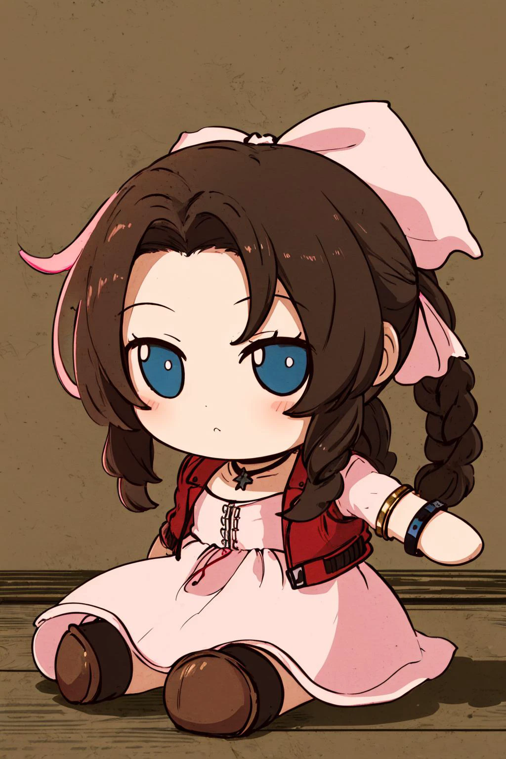 (masterpiece, best quality:1.2), highly detailed, 1girl, <lora:fumo:0.8> (fumo, chibi, doll, plush:1.2), sitting, <lora:aerith-nvwls-v1:0.8> aerith gainsborough, choker, cropped jacket, hair bow, bracelet, pink dress, brown boots,