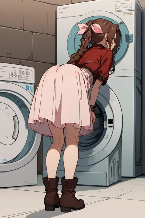 (masterpiece, best quality:1.2), 1girl, washing machine, (stuck in washing machine), crawling into a washing machine, from behind, back view, bent over, <lora:savemeIamstuck:1> <lora:aerith-nvwls-v1:1> aerith gainsborough, choker, cropped jacket, hair bow, bracelet, pink dress, brown boots,