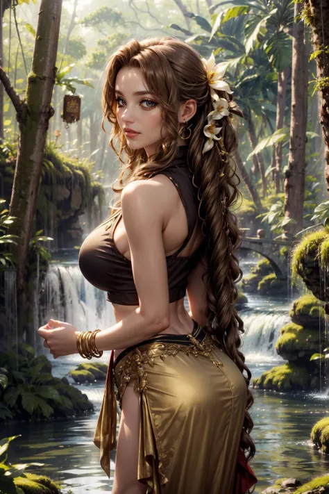 (ultra realistic,32k, masterpiece:1.2),(high detailed skin:1.1),( high quality:1.1),
<lora:agridnc:0.5>smile, agridnc, crop top, slim waist, underboob, (bare shoulders:1.1), jewelry, bracelets, (shawl:1.1), gold trim, gold shoes, (sleeveless:1.1), halter,<lora:aerith-nvwls-v1:0.7>aerith gainsborough, very long hair, hair ribbons, hair flowers,, Medieval  dense jungle, big trees covered in moss, flowers,waterfalls, glowing crystals, blurry background,,(looking at viewer, Bend forward:1.1),,(huge breast,large breast:1.1),<lora:add_detail:0.9>,
(lighting:1.1),