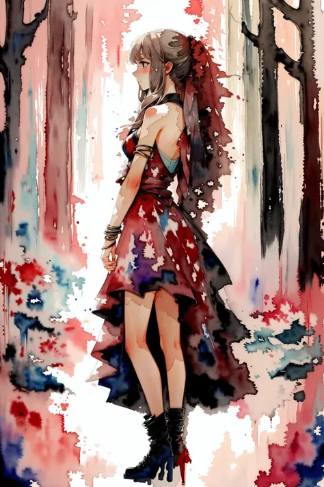 watercolor \(medium\),masterpiece, best quality, 1girl,painting of  <lora:aerith-nvwls-v1:0.8>, choker, cropped jacket, hair bow, bracelet, pink dress, brown boots,very long hair, hair ribbons, hair flowers, strapless red dress, high heels , solo ,sfw, abstract backrground, polar forest,  [(   in the style of <lora:IrisCompietStyle:0.7>):0.4]