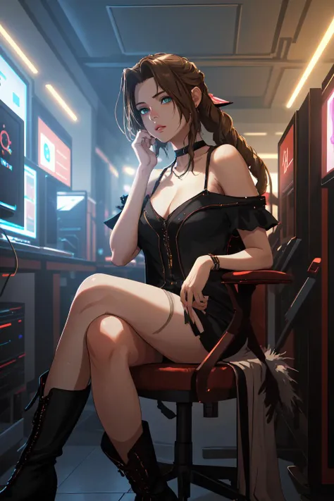 Portrait, Professional fashion photography, 8k, absurdres, v-ray render, sharp, sharp focus, volumetric lighting, cinematic scene, 1girl, aerith gainsborough, choker, (detailed face and eyes):1.2, sitting, legs crossed, edgNoire, Haute_Couture, feathered top and boots, ([see through designer dress| in a black dress ]::0.5), indoors, sci fi, cyberpunk internet cafe, moon glow, lights, bokeh, br_max, realistic, <lora:aerith-nvwls-v1:0.8>, <lora:edgLycorisNoire:0.6>, <lora:br_max:0.2>