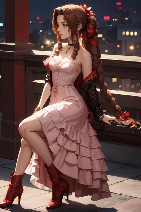 <lora:aerith-nvwls-v1-final:0.8> aerith gainsborough, choker, cropped jacket, hair bow, bracelet, pink dress, brown boots, very long hair, hair ribbons, hair flowers, strapless red dress, high heels