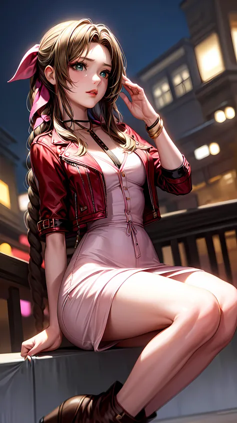 1girl, solo, detailed skin, ultra realistic 8k cg, picture-perfect face, flawless, clean, masterpiece, professional artwork, famous artwork, cinematic lighting, cinematic bloom, ((beautiful eyes)), intricate iris, (((perfect hands))), (extremely detailed background), ((dynamic background)), beautiful detailed girl, beautiful detailed nose, light on face, looking at viewer,<lora:GoodHands-beta2:1>, <lora:more_details:0.6>, <lora:aerith-nvwls-v1:0.95> , aerith gainsborough, choker, cropped jacket, hair bow, bracelet, pink dress, brown boots,