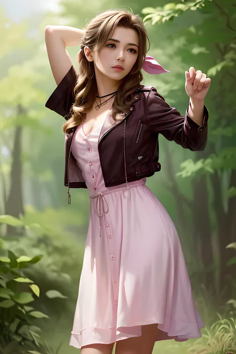 1 girl, solo,dynamic pose, cowboy shot,, aerith gainsborough,choker, cropped jacket, hair bow, bracelet, pink dress, brown boots <lora:aerith-nvwls-v1-final:0.8>, (((photorealistic, hyper-realistic, RAW photo:1.2))),masterpiece, best quality, intricate details, 8k uhd, perfect face, perfect eyes,