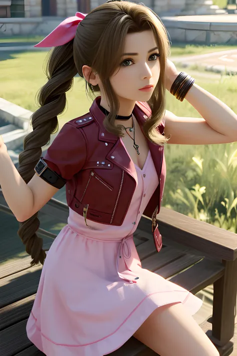 1 girl, solo,dynamic pose, cowboy shot,, (((3d, video game))),masterpiece, best quality, intricate details, 8k uhd, perfect face, perfect eyes, aerith gainsborough,choker, cropped jacket, hair bow, bracelet, pink dress, brown boots <lora:aerith-nvwls-v1-final:0.8>