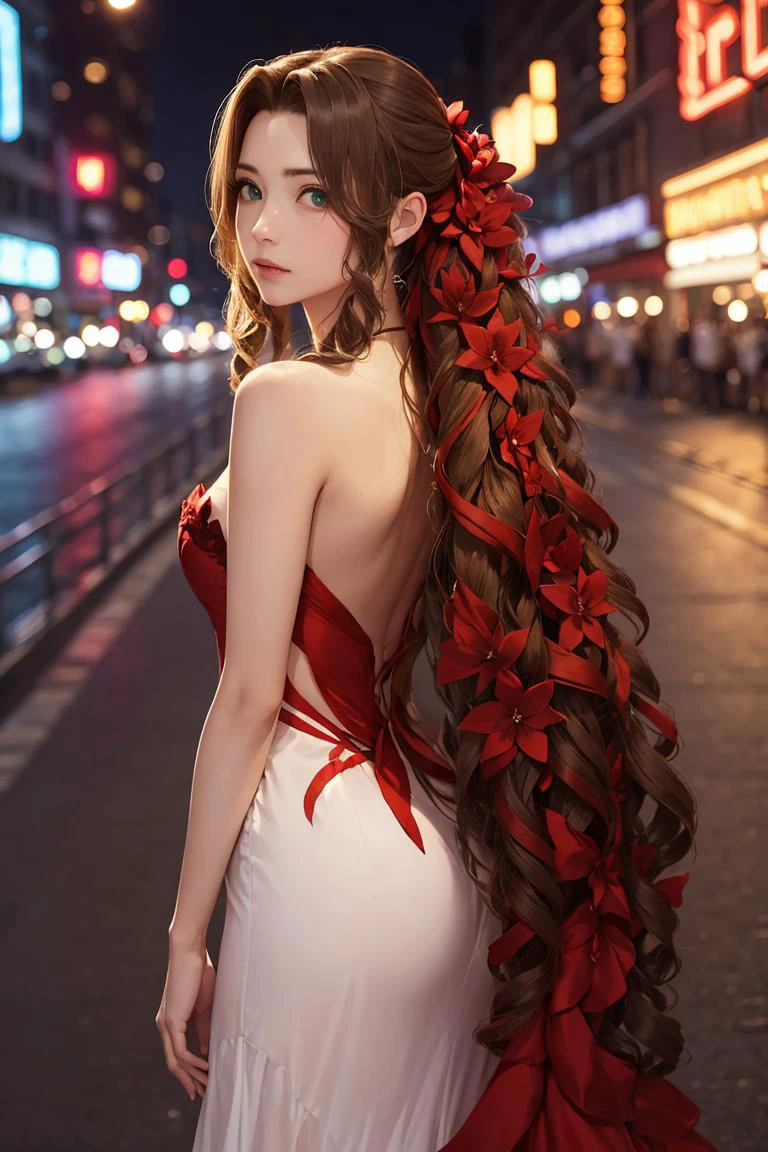 masterpiece, best quality, aerith gainsborough, very long hair, hair ribbons, hair flowers, strapless red dress, looking at viewer, cowboy shot, nighttime, waterfront, neon signs , <lora:aerith-nvwls-v1:0.9>