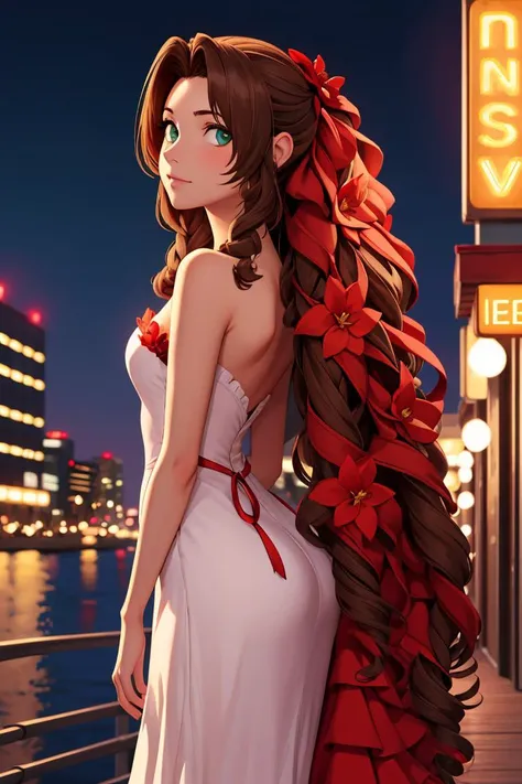 masterpiece, best quality, aerith gainsborough, very long hair, hair ribbons, hair flowers, strapless red dress, looking at viewer, cowboy shot, nighttime, waterfront, neon signs , <lora:aerith-nvwls-v1:0.9>