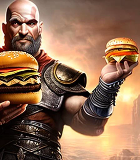 keyframe concept art, masterpiece, nwpnn, portrait, kratos with a (((burger))), photorealistic lighting, by feng zhu, noah bradley, artstation, flawless detail, 3d perspective