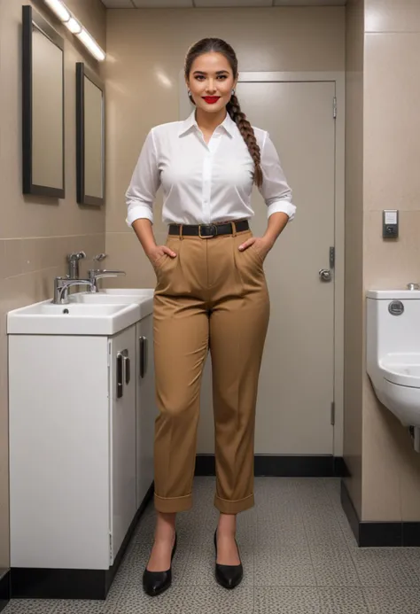 (medium full shot) of (bonnie office secretary) young woman, philippine, brown eyes, tan skin, light skin, brown eyes, full-figured build, extra long dark dutch braid hair, wearing a crisp white crisp white blouse, high-waisted trousers, stylish loafers, simple stud earrings, red lipstick, set in public Toilet, Functional, no-frills space with vinyl flooring, partitioned stalls with stainless steel doors, large industrial-grade hand dryers, wall-mounted soap dispensers, central waste bin , laughing, arms crossed, Masterpiece,best quality, photorealistic, amazing quality, very aesthetic, extremely detailed face,