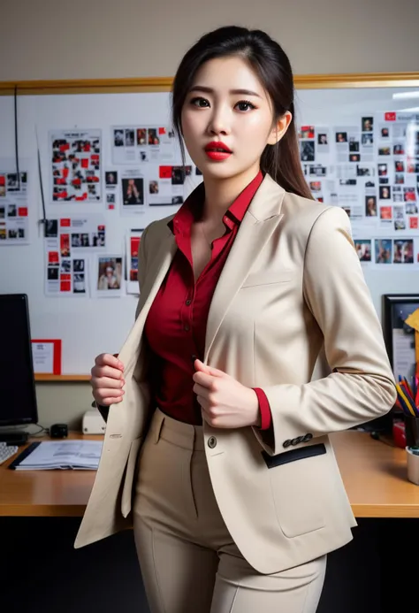 (medium full shot) of (attractive office secretary) young woman, korean, dark brown eyes, pale skin, curvy, sleek ponytail hair, wearing a beige  tailored blazer over a silk blouse, tailored trousers, stylish loafers, simple hoop earrings, red lipstick, surprised, open mouth, running toward the viewer,  set in  a cozy, small office adorned with motivational posters and personal photos, providing a warm and welcoming atmosphere for visitors, at night, ,Masterpiece,best quality, photorealistic, amazing quality, very aesthetic, extremely detailed face,