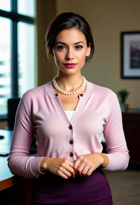 (medium full shot) of (graceful office secretary) young woman, spanish, dark brown eyes, tan skin, slender, French twist hair, wearing a rich plum  classic cardigan over a blouse, pencil skirt, classic pumps, delicate pearl necklace, soft pink lipstick, surprised, open mouth, pointing her finger at the viewer,  set in  a state-of-the-art conference room with advanced AV equipment, a large table, and comfortable chairs, designed for seamless business presentations and meetings, at night, ,Masterpiece,best quality, photorealistic, amazing quality, very aesthetic, extremely detailed face,