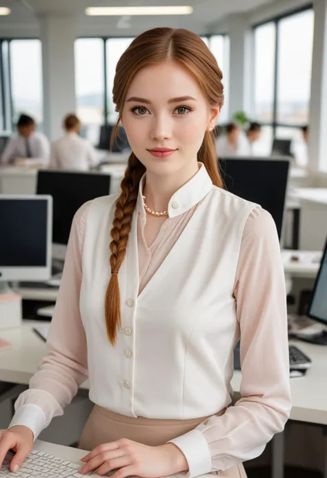 (medium full shot) of (gorgeous office secretary) young woman, chinese, dark eyes, fair skin, pale skin, hazel eyes, petite build, extra long ginger double braids hair,  wearing a crisp white  tailored vest over a blouse, pencil skirt, ballet flats, delicate pearl necklace, light blush, set in  an open-plan office with rows of desks, computer monitors, and collaborative workspaces, creating a dynamic and energetic work environment, at sunset, smiling at the viewer, Masterpiece,best quality, photorealistic, amazing quality, very aesthetic, extremely detailed face,