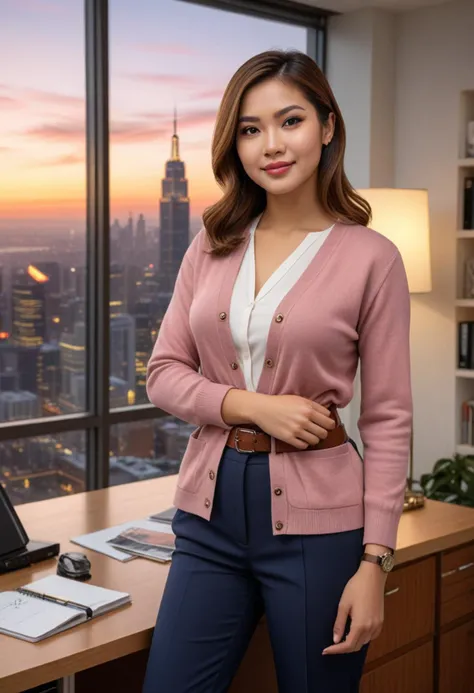 (medium full shot) of (bonnie office secretary) young woman, thai, straight hair, brown eyes, light brown skin, tan skin, brown eyes, full-figured build, long hazel hime cut hair,  wearing a navy blue  classic cardigan over a blouse, high-waisted trousers, stylish loafers, classic leather belt, soft pink lipstick, set in  a modern office space with sleek furniture, glass walls, and a view of the city skyline, where the ambiance is professional and bustling with activity, at sunset, laughing, arms crossed, Masterpiece,best quality, photorealistic, amazing quality, very aesthetic, extremely detailed face,