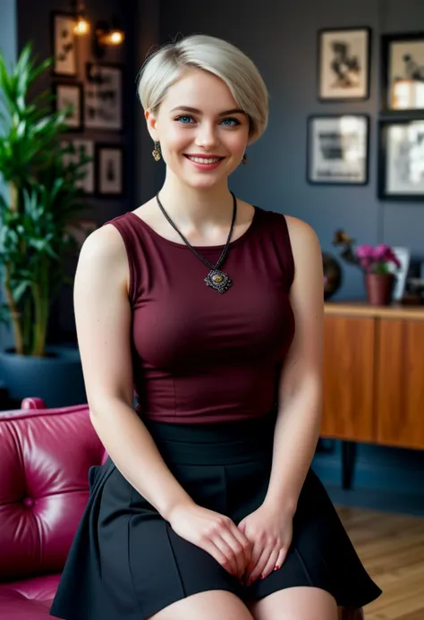 (medium full shot) of (stylish office secretary) young woman, russian, blue eyes, fair skin, curvy, pixie cut hair, wearing a deep burgundy  stylish peplum top, classic black skirt, ballet flats, delicate pendant necklace, mascara, laughing, arms crossed,  set in  a creative meeting space with colorful decor, bean bags, and a relaxed atmosphere, perfect for innovative thinking and informal gatherings, ,Masterpiece,best quality, photorealistic, amazing quality, very aesthetic, extremely detailed face,